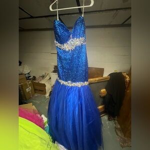 Stunning Blue Sequin Gown with Gold Accents